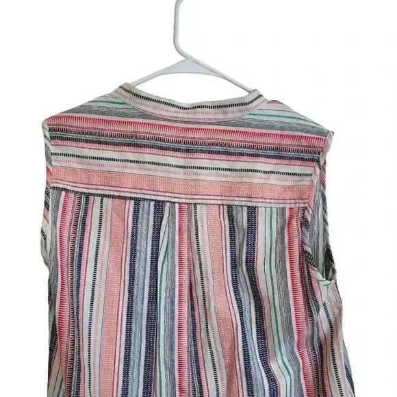 Max Studio Women's White/Pink/Navy/Aqua Striped Cotton Sleeveless Button Down To - Picture 10 of 11